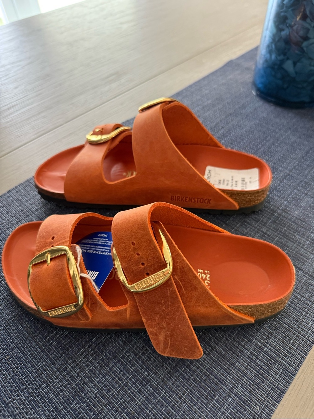 Birkenstock Kids Orange Suede Two-Strap Sandals with Gold Buckles